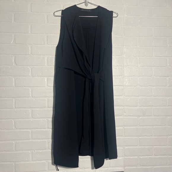 Zara Jackets & Blazers - Zara Womens Black Long Draped Vest Tie Waist Cape V Neck Minimalist Chic Medium